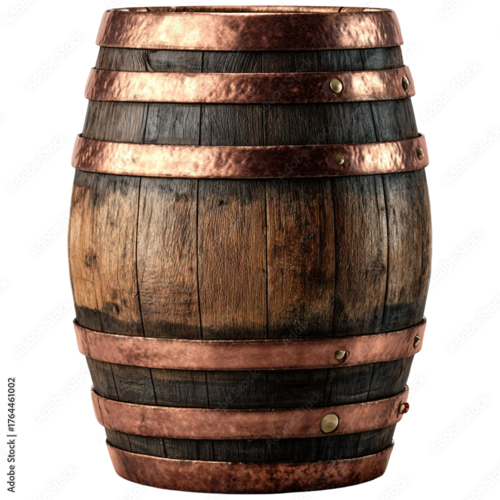 Obraz premium Rustic wooden barrel with copper bands rustic aged wood aged beverage container with metal straps
