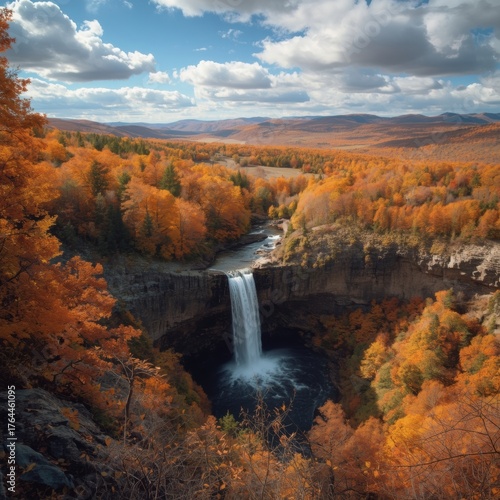 Stunning waterfall cascading through vibrant autumn forest with distant mountains under dramatic cloudy skies
