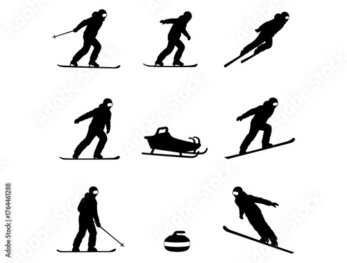 Silhouette Winter Sports Icons Skiing, Snowboarding, Sledding, Curling for Designs and Visual Projects