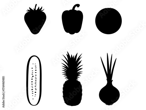 Silhouettes of various fruits and vegetables strawberry, pepper, orange, cucumber, pineapple, onion in black