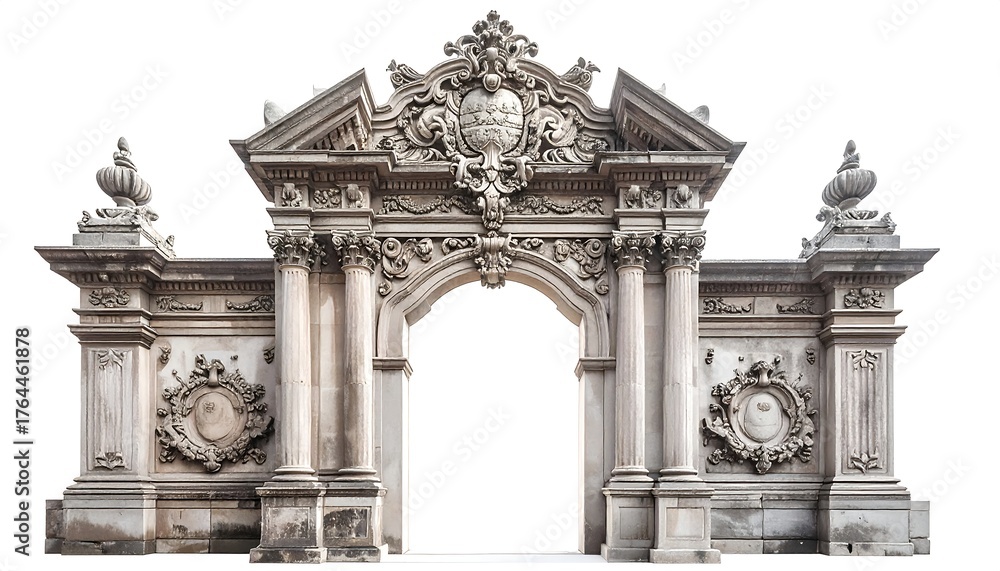 Obraz premium Ornate, weathered stone gate with intricate carvings, pilasters, and decorative elements, isolated against a white background