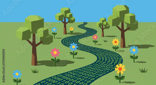 A path made of binary code winding through a landscape. Flat design vector illustration of the information highway. Technology and nature integration concept