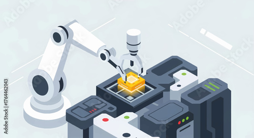 A robotic arm precisely placing a highlighted module into a machine. High-tech manufacturing and automation concept. Vector illustration