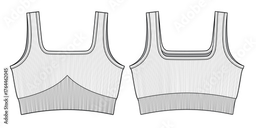 Sport bra front and back view technical flat design vector mockup template.