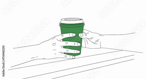 Hands exchanging a green coffee cup over a counter. Minimalist line art illustration of a barista and customer transaction. Vector graphic isolated on white background