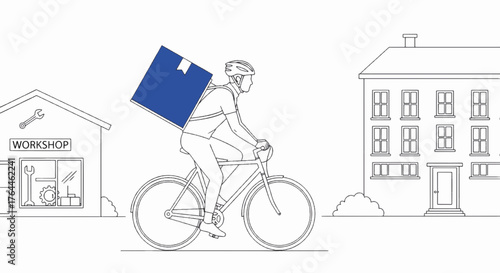 An outline illustration of a bicycle courier delivering a package. Minimalist line art vector for delivery service concepts. Urban shipping from a workshop to a home