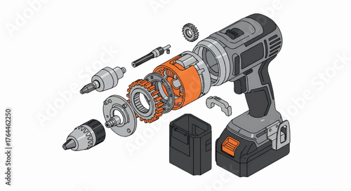 Exploded view of a cordless electric drill. Technical vector illustration of internal components and assembly. Isometric diagram of a power tool with motor and gearbox