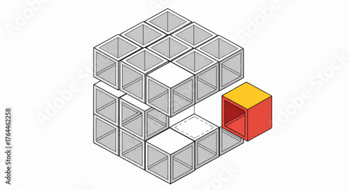 Isometric schematic of a modular shelving system. Block construction and assembly concept. Geometric vector illustration with a highlighted component