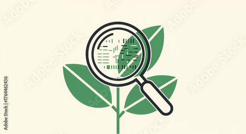 A magnifying glass analyzing a plant leaf icon. Scientific research, botany, and biotechnology concept. Flat design vector illustration
