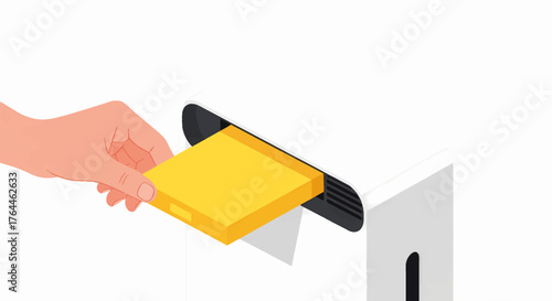 A hand inserting a new yellow filter module into an appliance. Product maintenance and component replacement concept. Flat design vector illustration