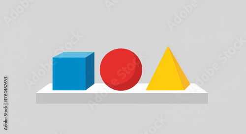 Basic geometric shapes illustration. A blue cube, red sphere, and yellow pyramid on a pedestal. Simple flat design vector graphic
