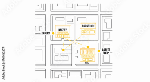 Top-down line art map of a city block with local businesses. Vector illustration showing a route between a bakery, bookstore, and coffee shop. Minimalist urban plan graphic