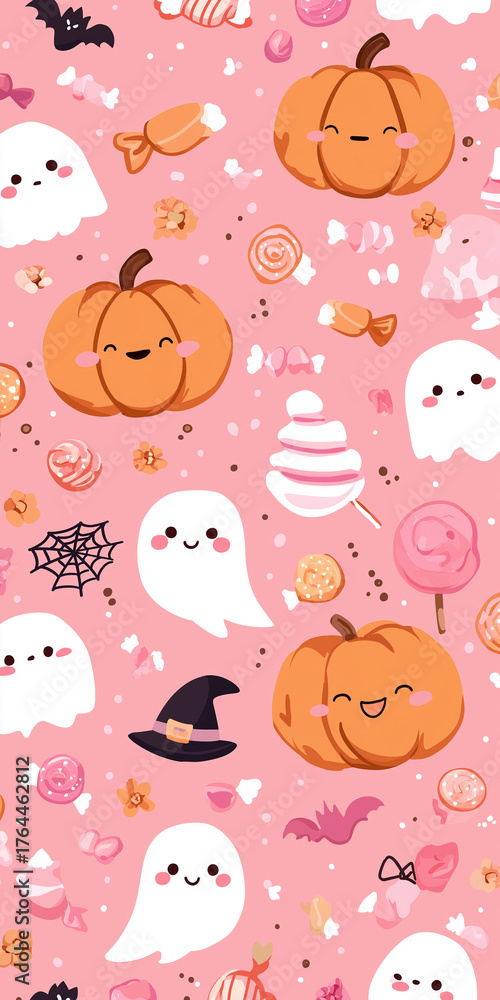 Fototapeta premium Cute pink pastel Halloween background with smiling pumpkins, ghosts, candies, and witch hats. playful design includes lollipops, spider webs, and bats, creating whimsical festive atmosphere