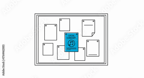 Community notice board line art illustration. Local concert flyer on a bulletin board. Vector graphic for public announcements and events