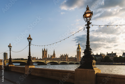 Street lamps along Thames with Big Ben and Westminster Bridge