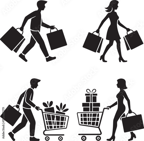 people carrying bags and pushing carts illustration line art royalty free premium quality