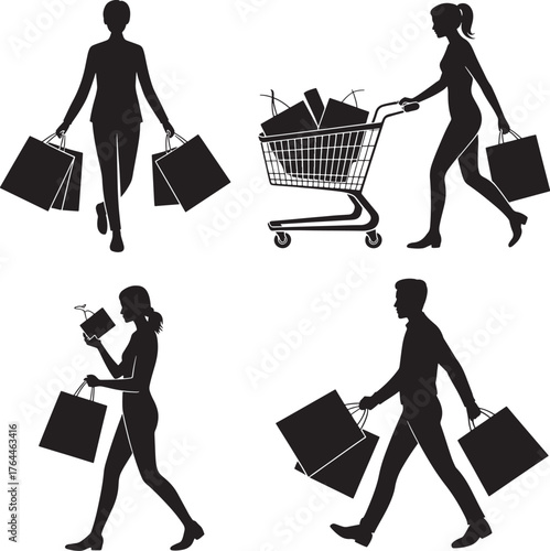 people shopping with bags and cart Silhouettes art stock photos premium quality