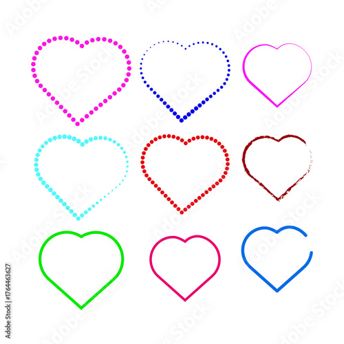 Collection of nine colorful heart shapes with delicate beaded and brushstroke borders on white background