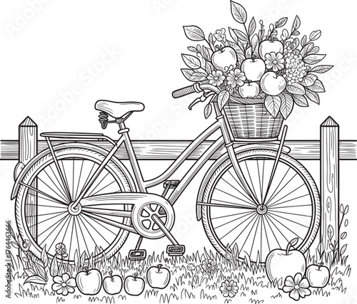 Rustic bicycle with flower basket leaning against wooden fence autumn scene illustration line art royalty free premium quality