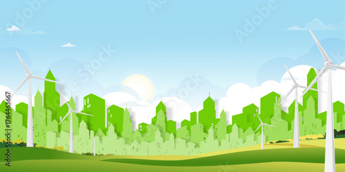 Spring field landscape with skyline,green park in modern cityscape,Vector cartoon scene nature,Ideal for Eco urban design, Sustainability concepts,Future city environment background or Summer banner