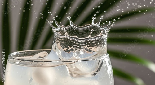 Splashing Water in Clear Glass with Green Leaf Background