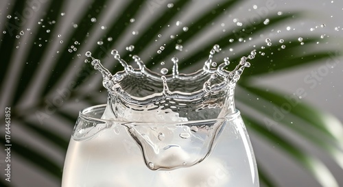 Splashing Water in Glass with Green Leaf Background