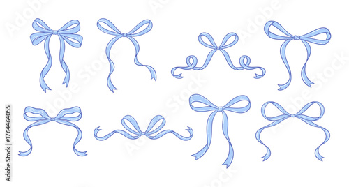 Coquette blue bows set. Line art drawings, vintage tied ribbons. Birthday, Wedding, Valentine's gift in retro style. Baby shower decoration, boy, Cute design. Doodle lace, vector illustration.