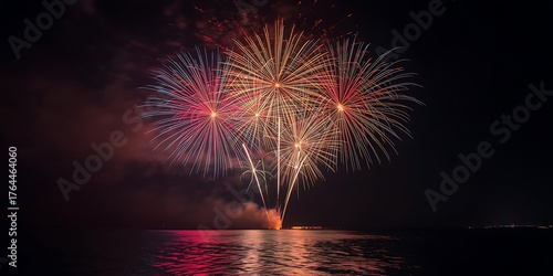 Colorful Fireworks Reflected Over Calm Night Water