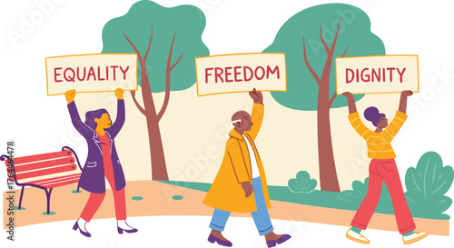 March for Societal Values: A representation of individuals holding banners, championing equality, freedom, and dignity, moving in unison, symbolizes a powerful movement.