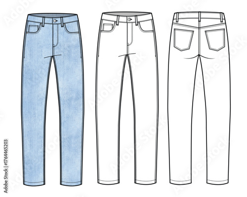 Mens denim pant mockup template vector design technical illustration.
