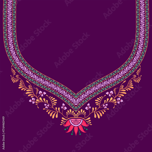 Delicate sweetheart neckline embroidery design with intricate floral, vine motifs, and decorative borders on a purple background. Ideal for Indian saree blouses, choli, kurta, and kurti.