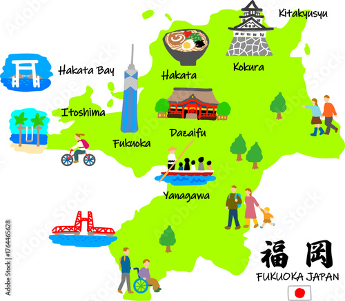 福岡旅行、手描きの観光スポットと観光客フラットイラスト