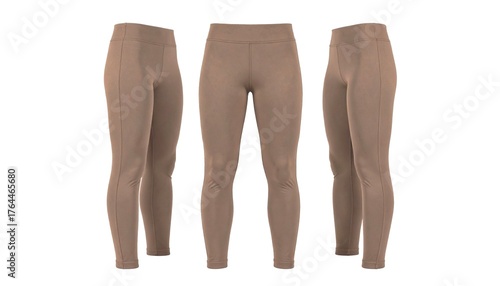 Beige leggings displayed in three angles against white backdrop