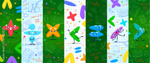 Cartoon math symbol characters collage. Funny plus, minus, multiplication, less than sign, division and equal signs mathematics personages on science background. Educational mathematics personages