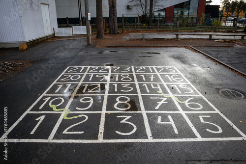 Painted numbers on the floor of a school playground