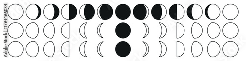 Set of the phases of the Moon. The entire cycle from new moon to full moon. New, Full Moon, Waning Crescent, First and Last Quarter.