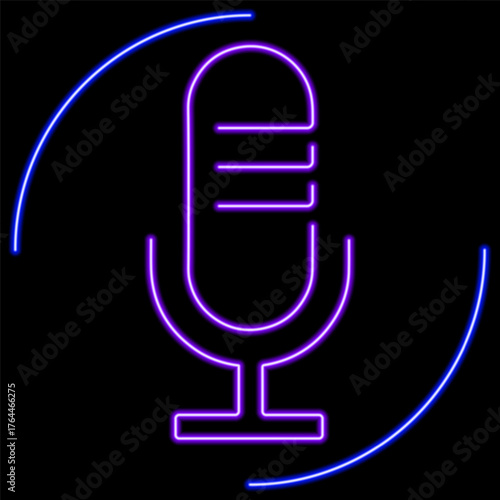 microphone neon sign, modern glowing banner design, colorful modern design trends on black background. Vector illustration.
