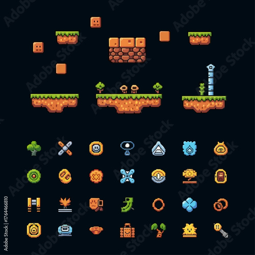 Pixel art game assets: platforms, trees, coins, buttons, and other elements.