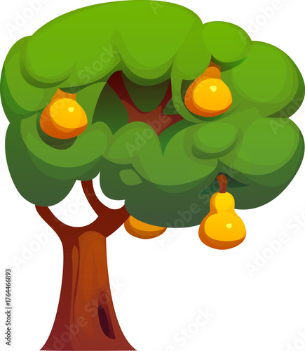 Cartoon letter P as a tree with green foliage and ripe yellow pears hanging from its branches. Vector agriculture typeface, farm font, harvest and crop type, funny English alphabet. Fun abc character