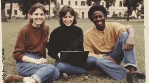Diverse students smiling in outdoor setting with laptop on campus lawn