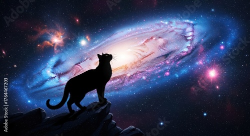Fototapeta Naklejka Na Ścianę i Meble -  Cosmic cat silhouette gazing at a vibrant spiral galaxy.