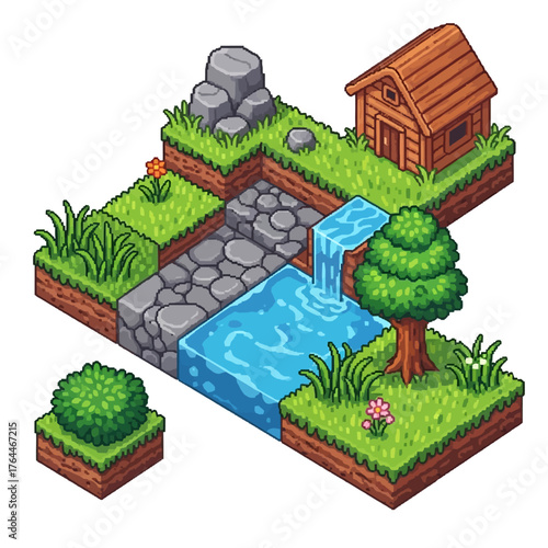Isometric pixel art landscape with a waterfall, cabin, rocks, and lush greenery.
