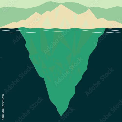 Minimalist illustration of an iceberg with mountains in the background and sea surface