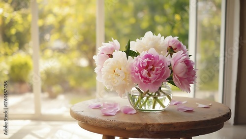 Fototapeta Naklejka Na Ścianę i Meble -  Pink and white peonies in a glass vase