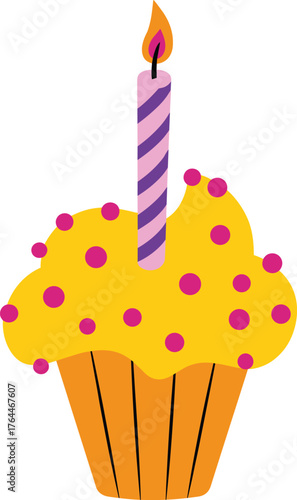 Colorful birthday cupcake with candle, yellow frosting and pink sprinkles, festive dessert illustration, celebration party concept, sweet bakery design.