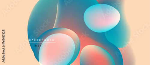 Abstract fluid shapes blend, creating vibrant color gradients. Peach background complements blue, pink hues. Modern design element.