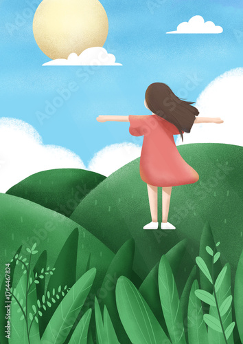 A girl in red dress stands on hilltop with arms outstretched, enjoying sunny day under blue sky with clouds.