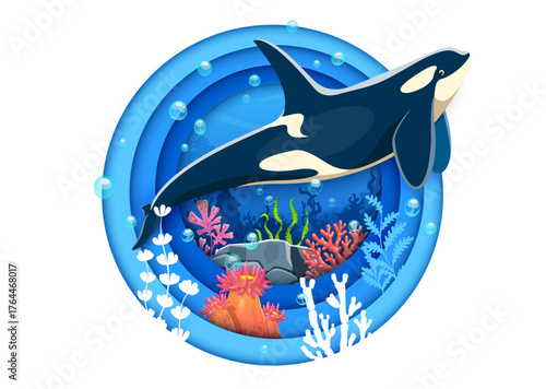 Paper cut underwater landscape banner with funny killer whale orca, cartoon vector. Killer whale or orca sea animal and fish character in seaweeds of ocean coral reef in paper cut undersea landscape