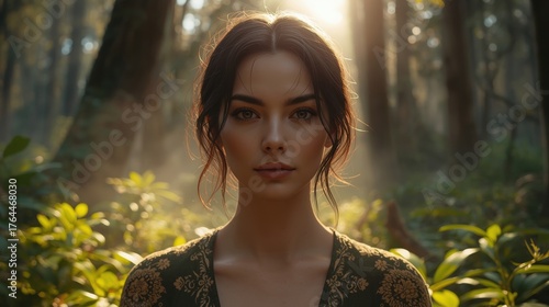 Serene woman bathed in dappled sunlight amidst lush forest greenery, evoking tranquility and natural beauty.