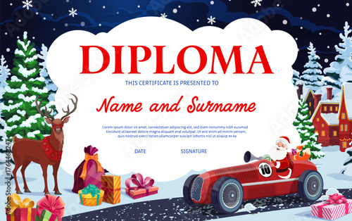 Christmas diploma with Santa in racing car and north deer. Vector holiday certificate template for preschool and children education. Dark blue festive diploma with gifts, pine trees and area for text